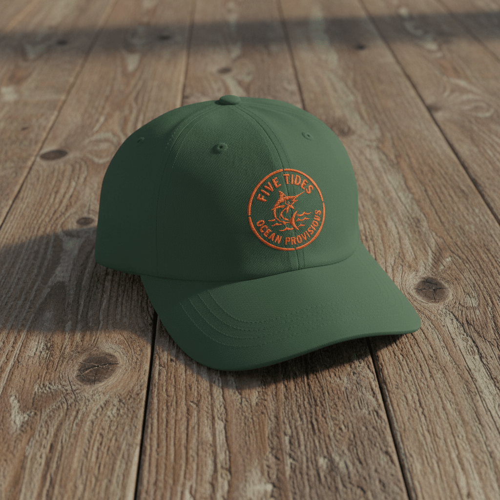 Five Tides Fisherman spruce embroidered dad cap on rustic reclaimed wood