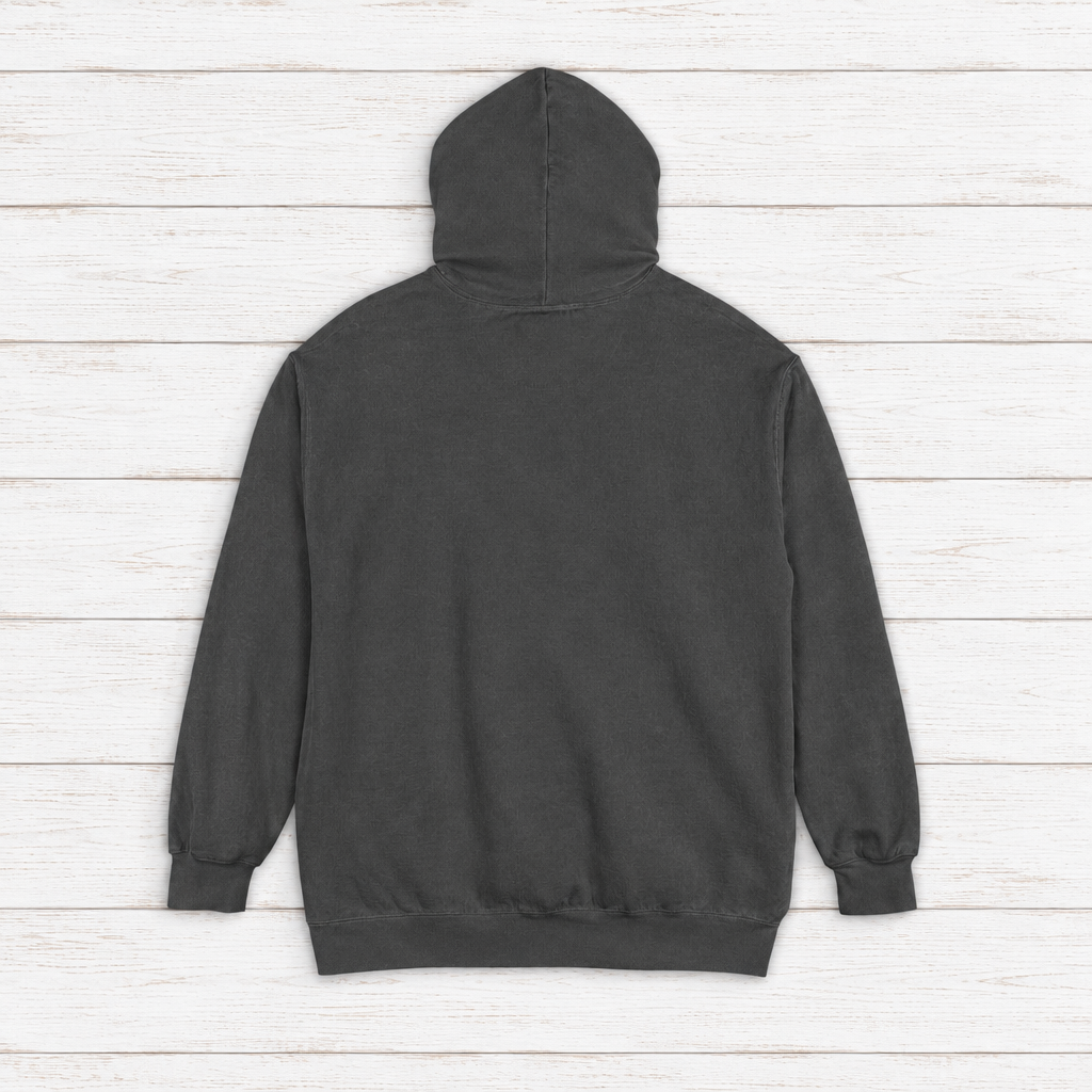 Pinecoast Diner hoodie flat lay on whitewashed boards
