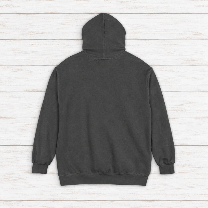 Pinecoast Diner hoodie flat lay on whitewashed boards