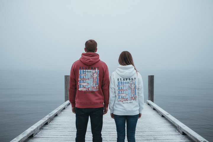 Couple showing back of brick and white Seaport Fish Market Boston hoodies on frost-dusted bleached wood boat dock