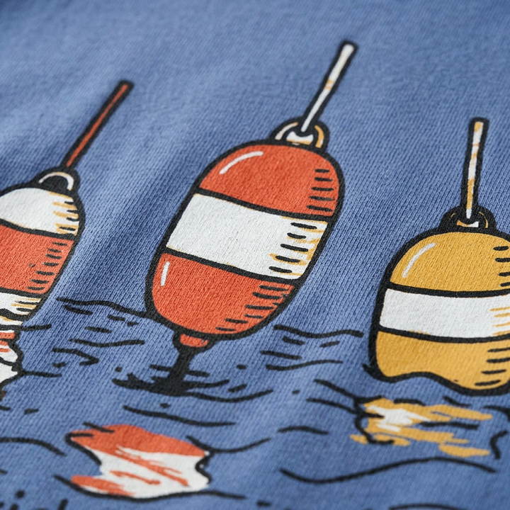 Beach Buoy blue tee colorful buoy illustration and cotton fabric close-up