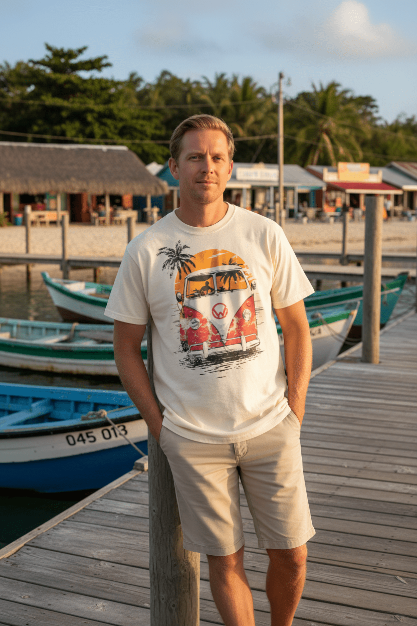 Male lifestyle - cream VW Bus sunset tee, tropical island dock