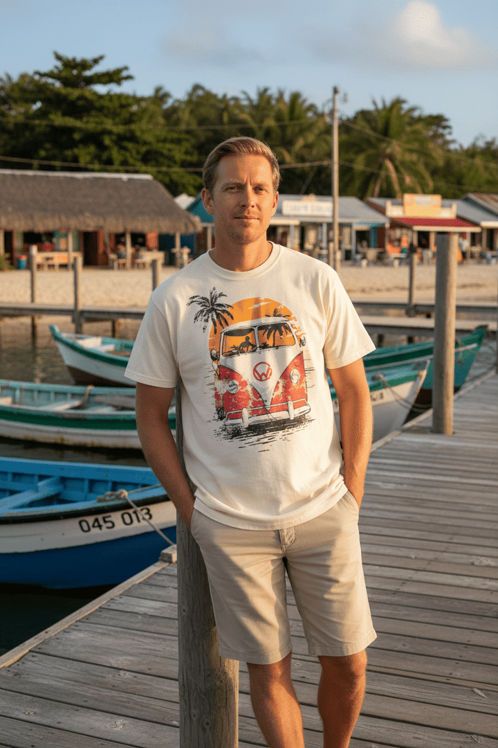 Male lifestyle - cream VW Bus sunset tee, tropical island dock
