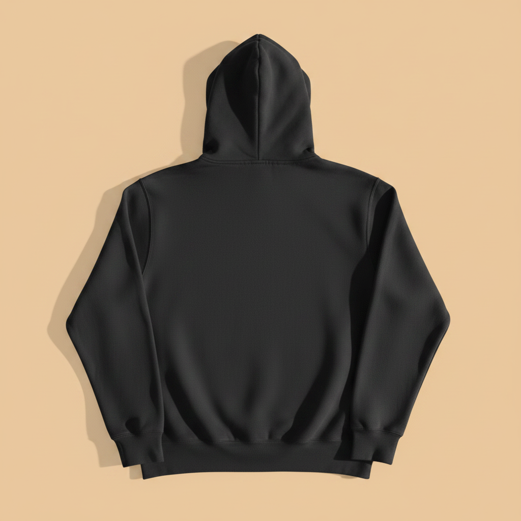 Coastal Lighthouse Hoodie in Pepper — plain back, warm sand studio background