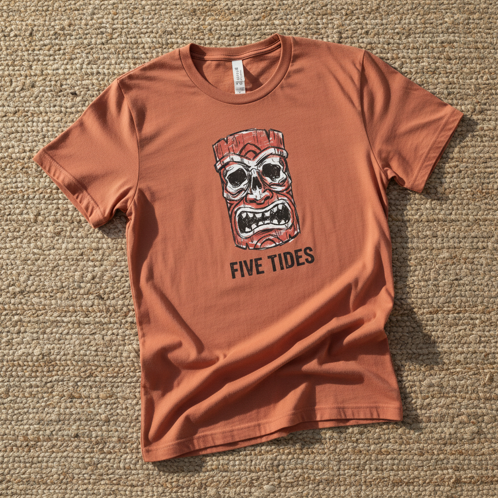 Red Tiki Skull FIVE TIDES surf graphic t-shirt in Terracotta casually tossed on a light sand-colored woven rug, coastal lifestyle product photo