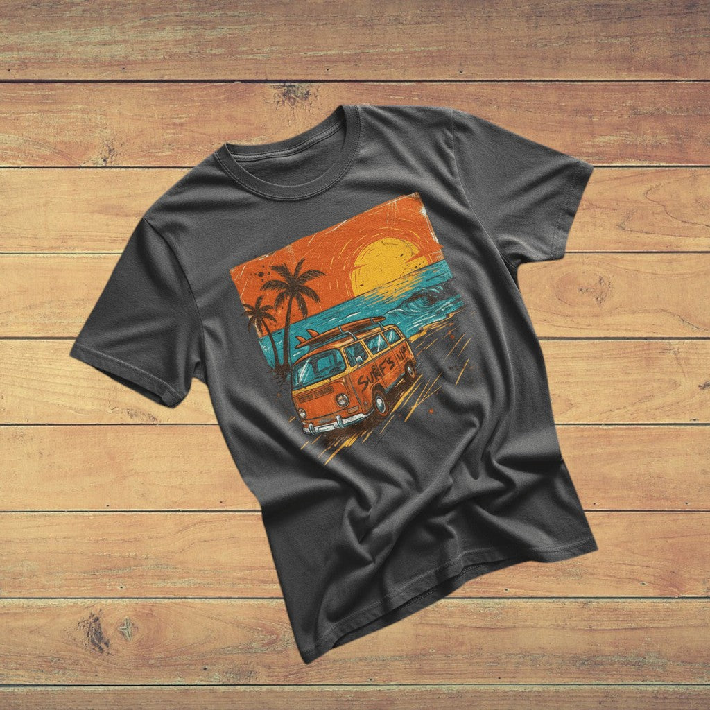 Casual Vintage Beach Van graphite garment-dyed tee casually tousled on rustic reclaimed wood