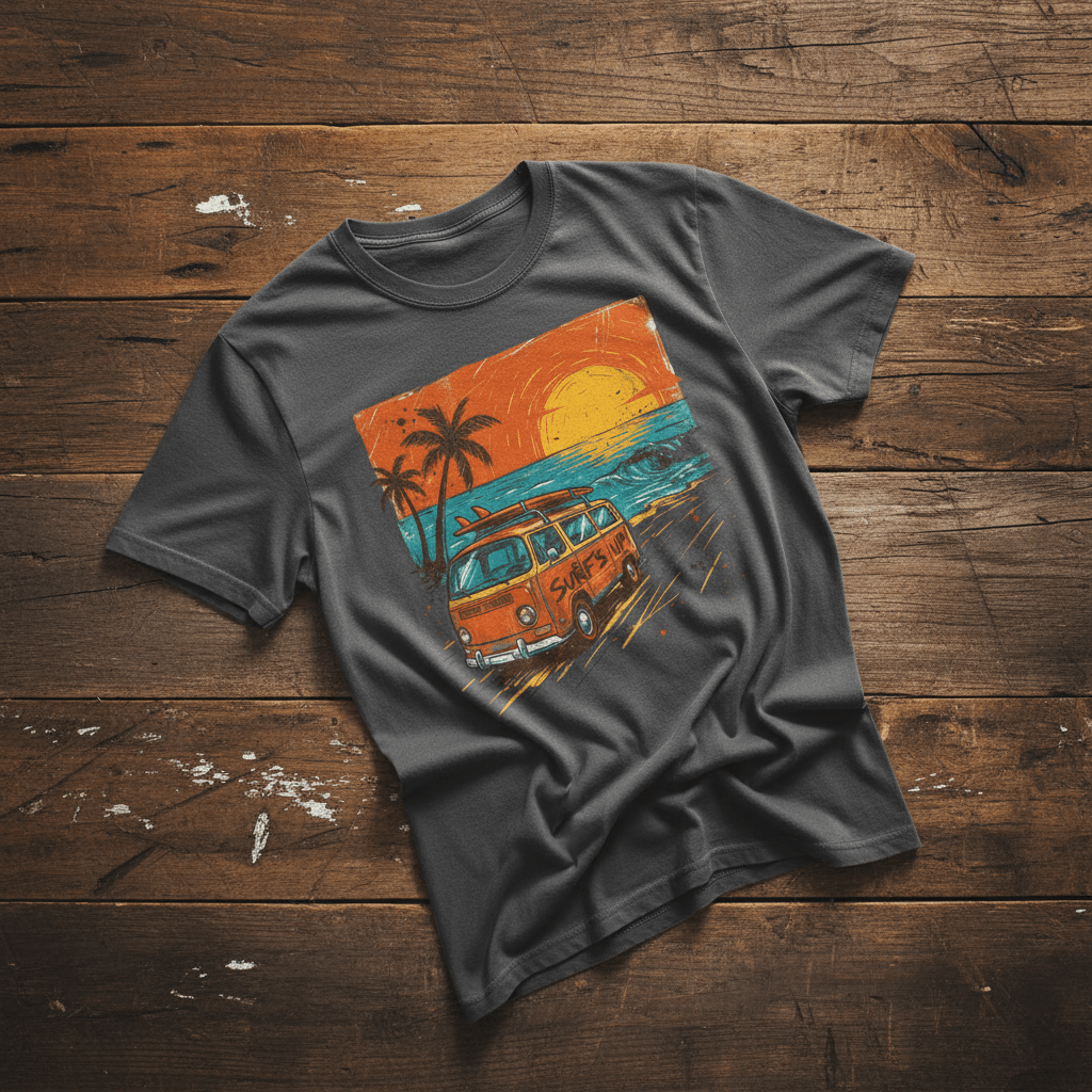 Casual Vintage Beach Van graphite garment-dyed tee casually tousled on rustic reclaimed wood