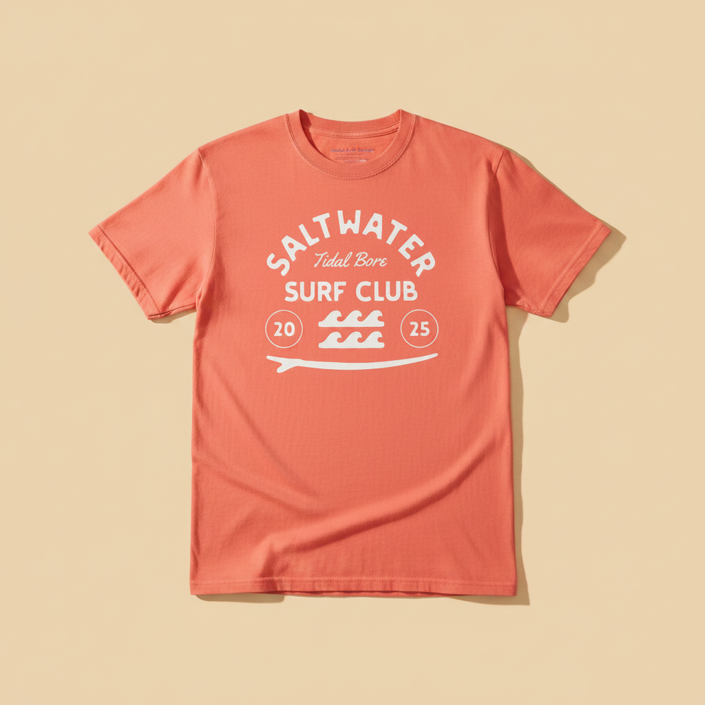 Saltwater Surf Club Tee in Bright Salmon — front graphic, warm sand studio background