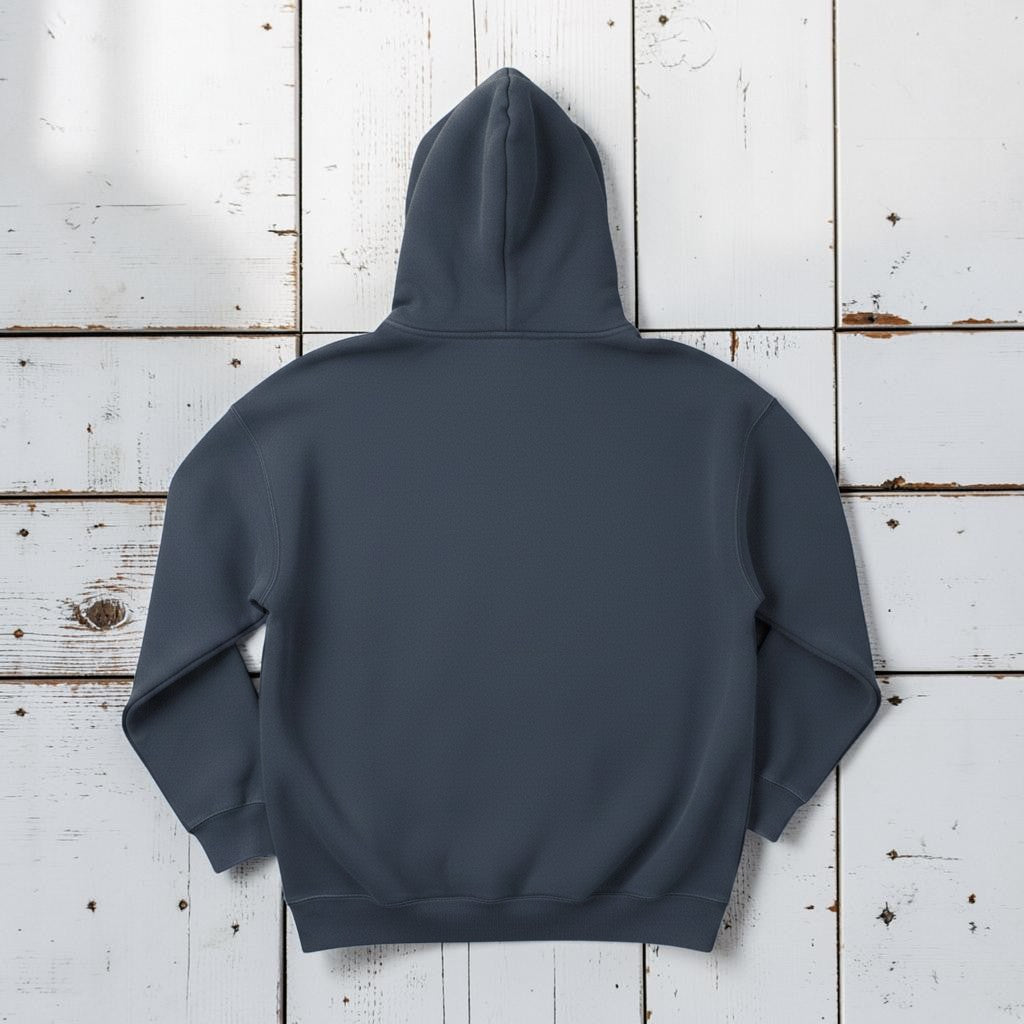 The Rusty Hook Hoodie in Steel Blue — back view, warm sand studio background