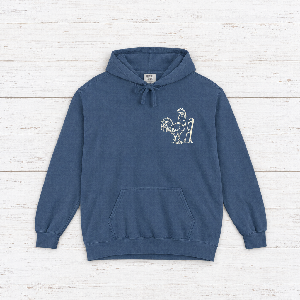 Rooster Surf hoodie flat lay on whitewashed boards