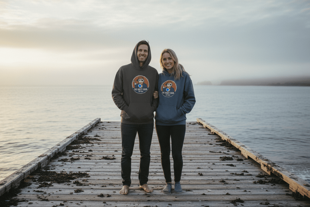Couple wearing graphite and steel blue Rusty Hook Est. 1923 hoodies on grunge sun-bleached boat dock