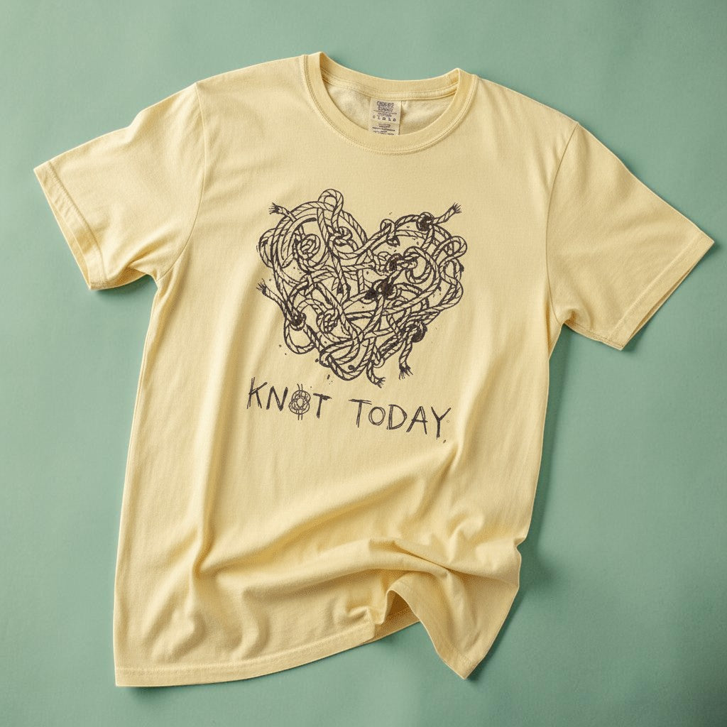 Knot Today banana garment-dyed tee on faded driftwood planks