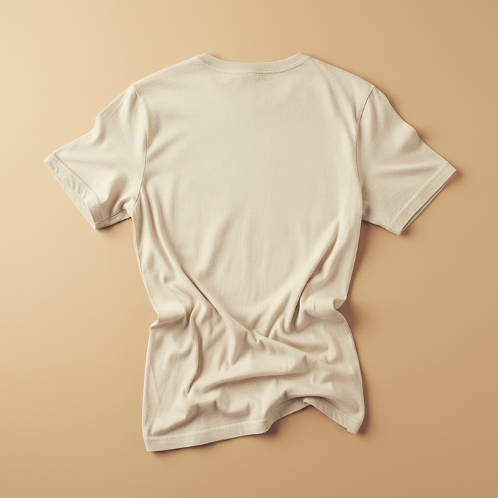 Catch the Thrill Tee in Ivory — plain back, warm sand studio background