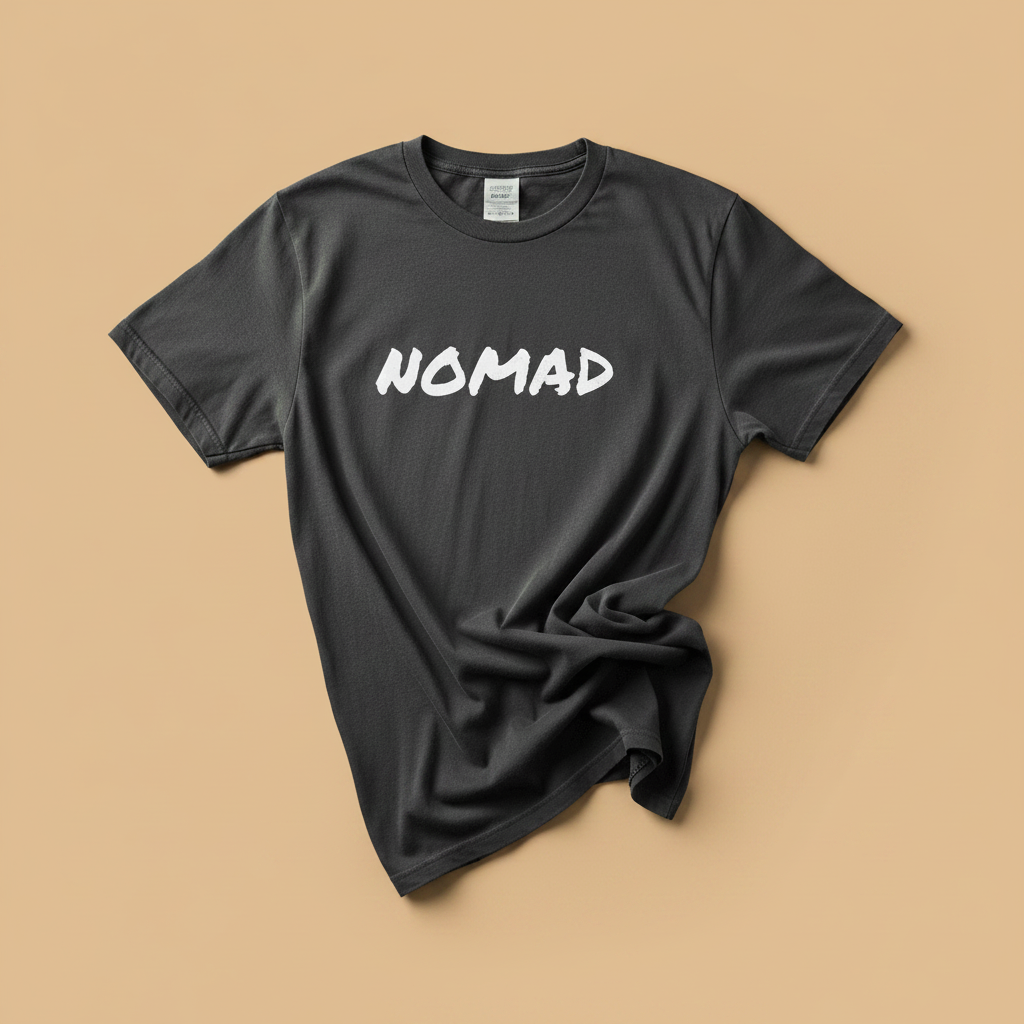 NOMAD Tee in Pepper/Charcoal — front graphic, warm sand studio background