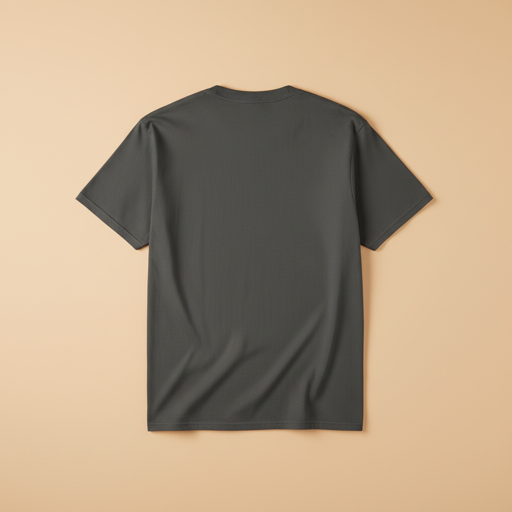 Saltwater Surf Club Tee in Pepper/Charcoal — plain back, warm sand studio background