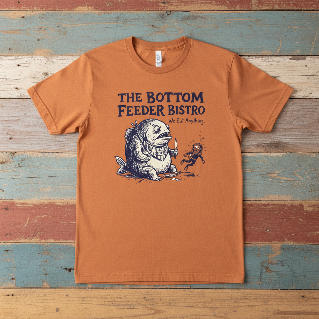 Bottom Feeder Bistro Graphic Tee — Terracotta on Colorful Driftwood