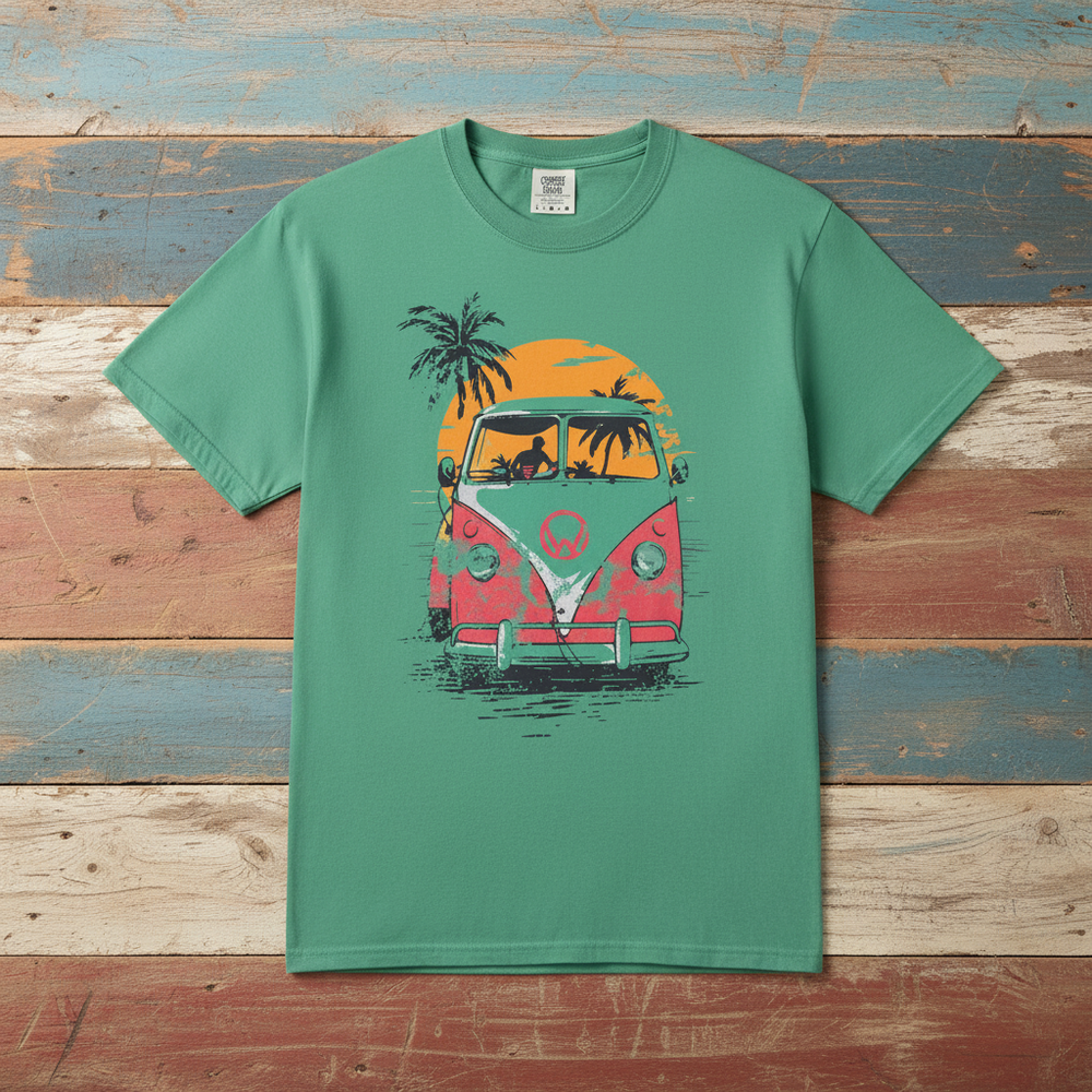 Retro Beach Wagon Cruiser Graphic Tee — Island Green on Colorful Driftwood