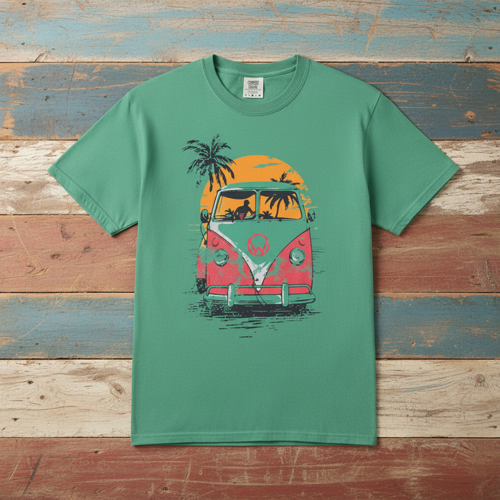 Retro Beach Wagon Cruiser Graphic Tee — Island Green on Colorful Driftwood