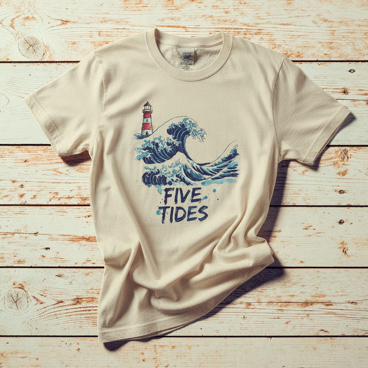Wave &amp; Lighthouse ivory garment-dyed tee casually tousled on rustic reclaimed wood