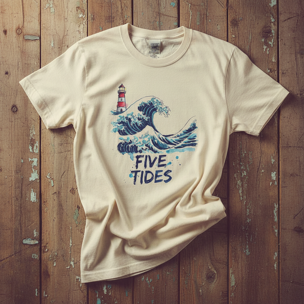Wave & Lighthouse ivory garment-dyed tee casually tousled on rustic reclaimed wood