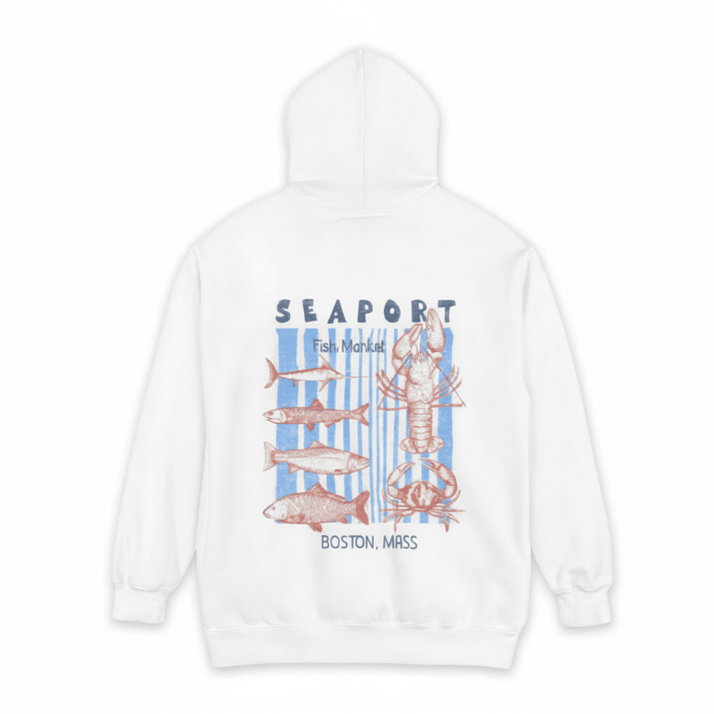 Seaport hoodie back - white background