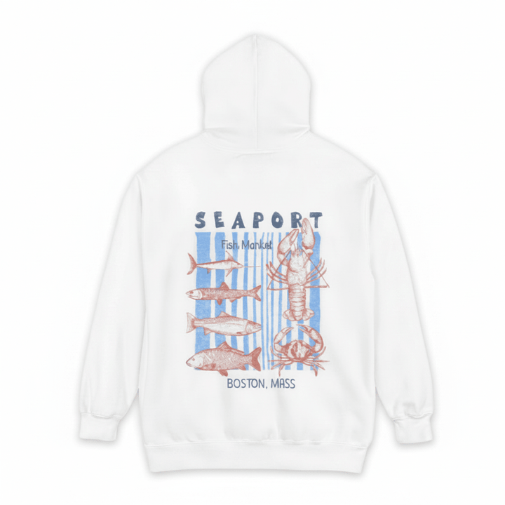 Seaport hoodie back - white background