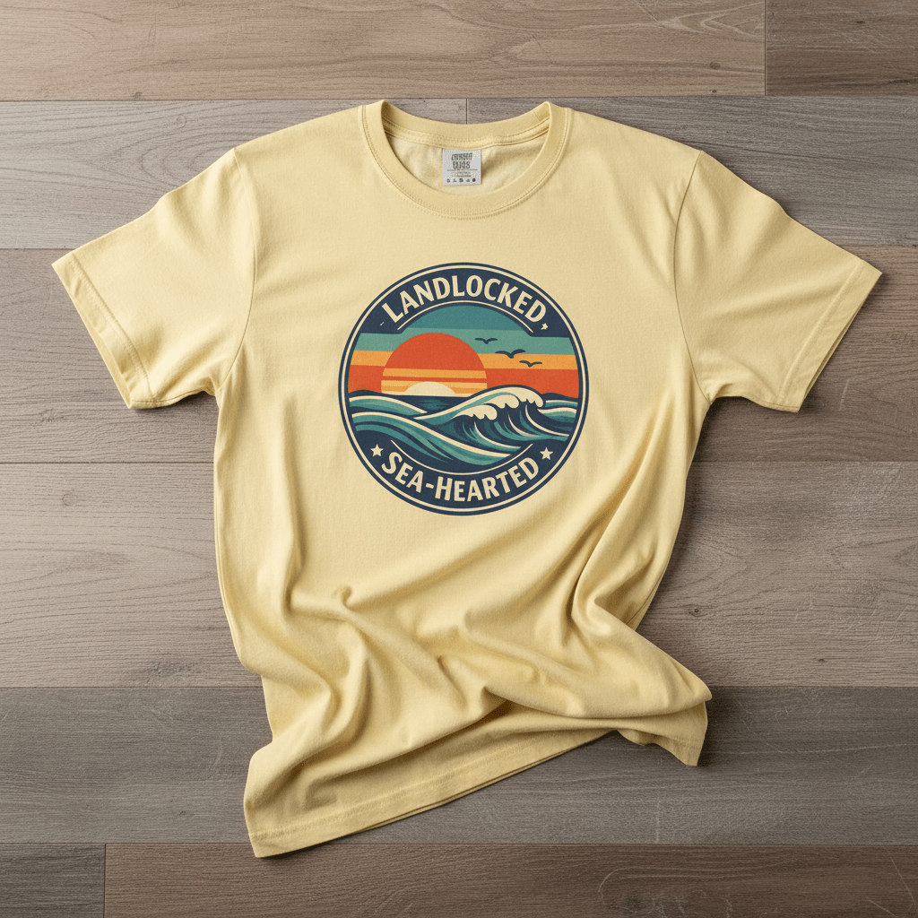 Landlocked Sea-Hearted Sunset banana garment-dyed tee on faded driftwood planks