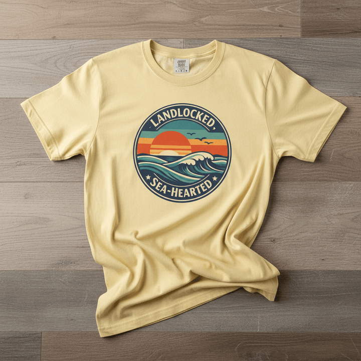 Landlocked Sea-Hearted Sunset banana garment-dyed tee on faded driftwood planks