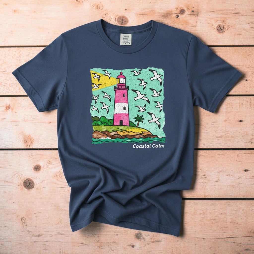 Coastal Calm Lighthouse Seagulls midnight blue garment-dyed tee on faded driftwood planks