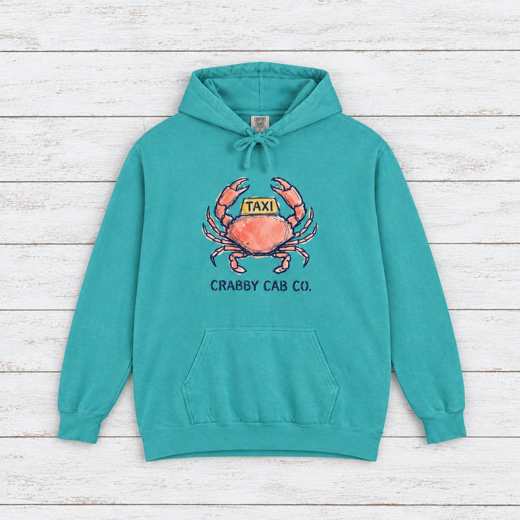 Crabby Cab Co. Grey and Seafoam hoodie flat lay on whitewashed boards