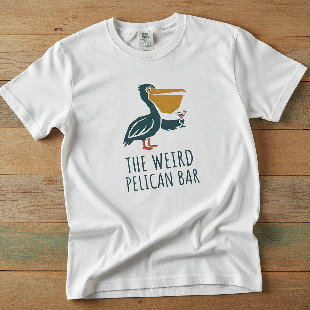 Pelican Bar white garment-dyed tee on weathered wood planks