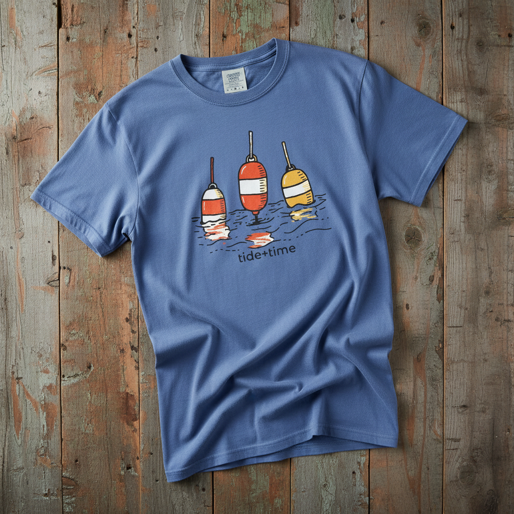 Tide + Time Beach Buoy mystic blue garment-dyed tee casually tousled on rustic reclaimed wood