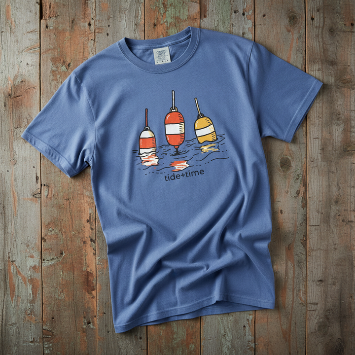 Tide + Time Beach Buoy mystic blue garment-dyed tee casually tousled on rustic reclaimed wood