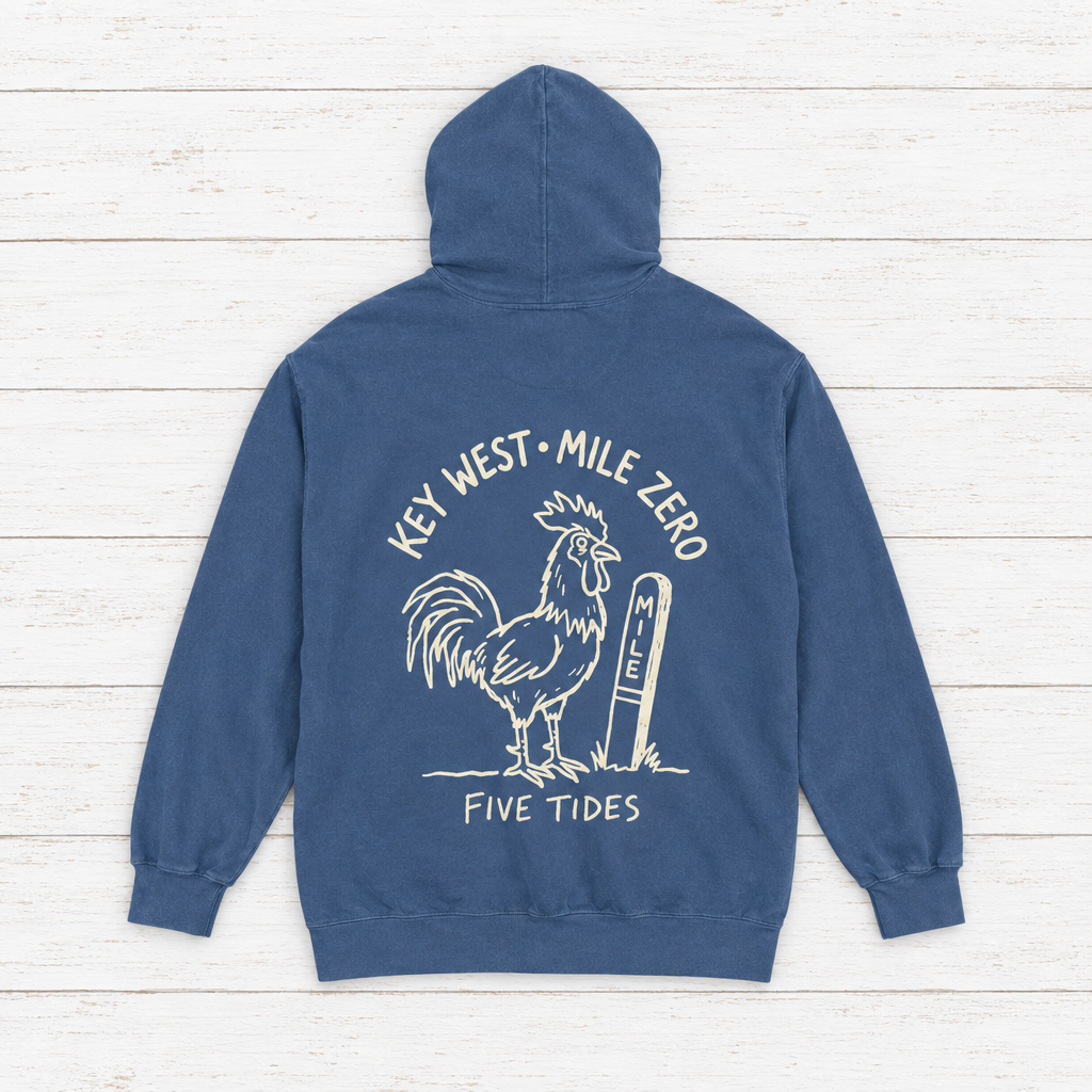 Rooster Surf hoodie flat lay on whitewashed boards