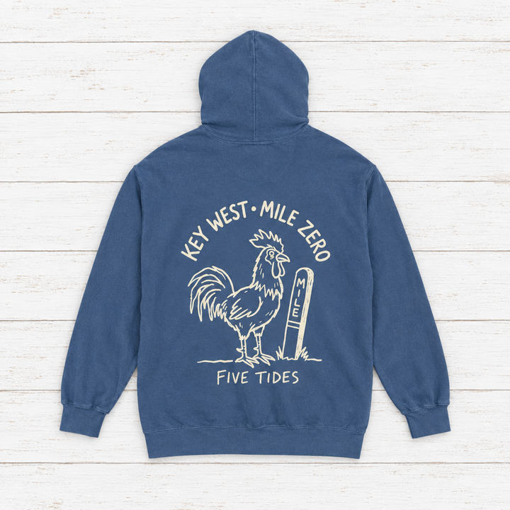 Rooster Surf hoodie flat lay on whitewashed boards