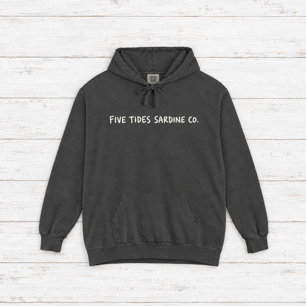 Five Tides Sardine Co. hoodie flat lay on whitewashed boards