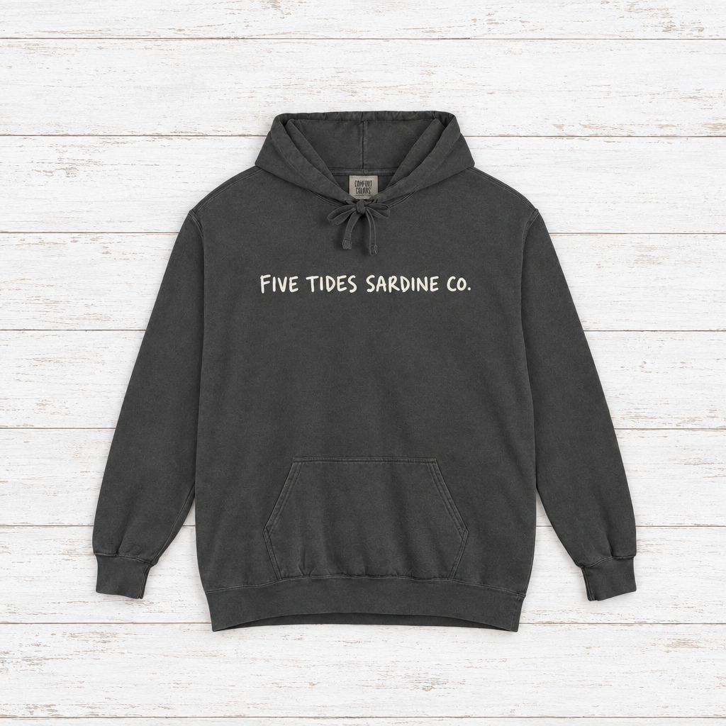 Five Tides Sardine Co. hoodie flat lay on whitewashed boards