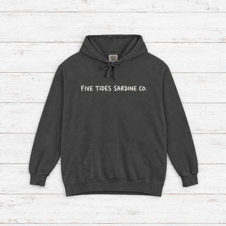 Five Tides Sardine Co. hoodie flat lay on whitewashed boards