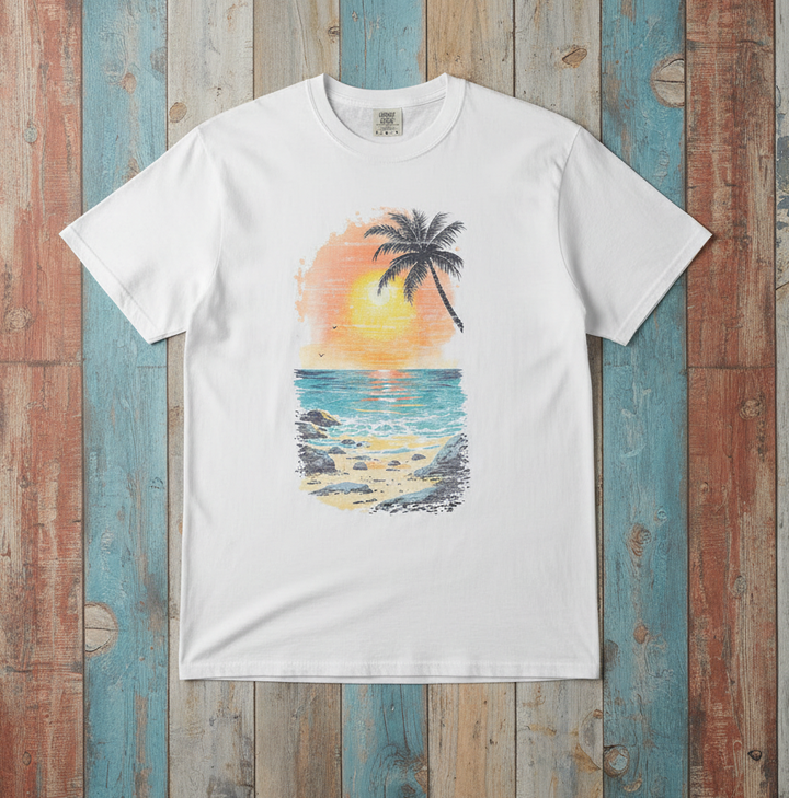 Sun Faded Beach Sunset II Graphic Tee — White on Colorful Driftwood