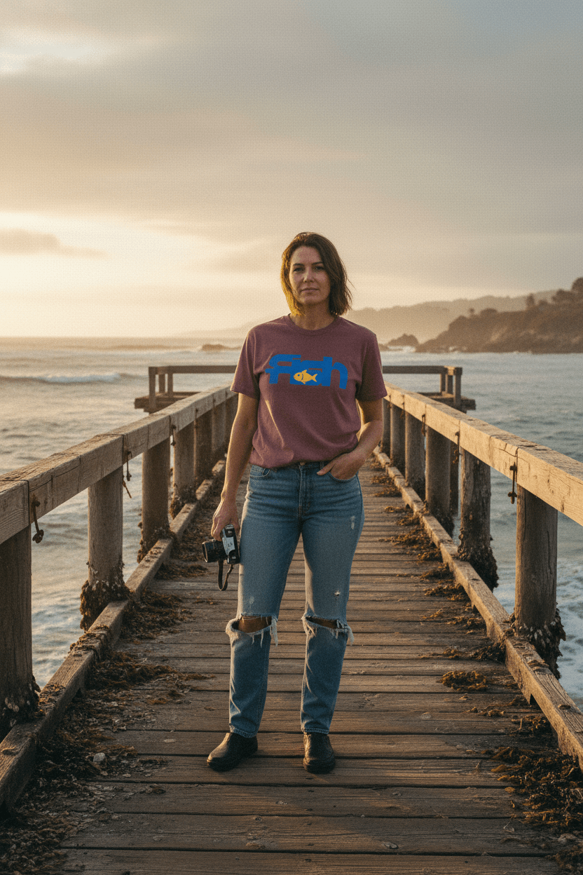 Woman in her mid 30s wearing Fish brick garment-dyed tee at retro-grunge beach dock