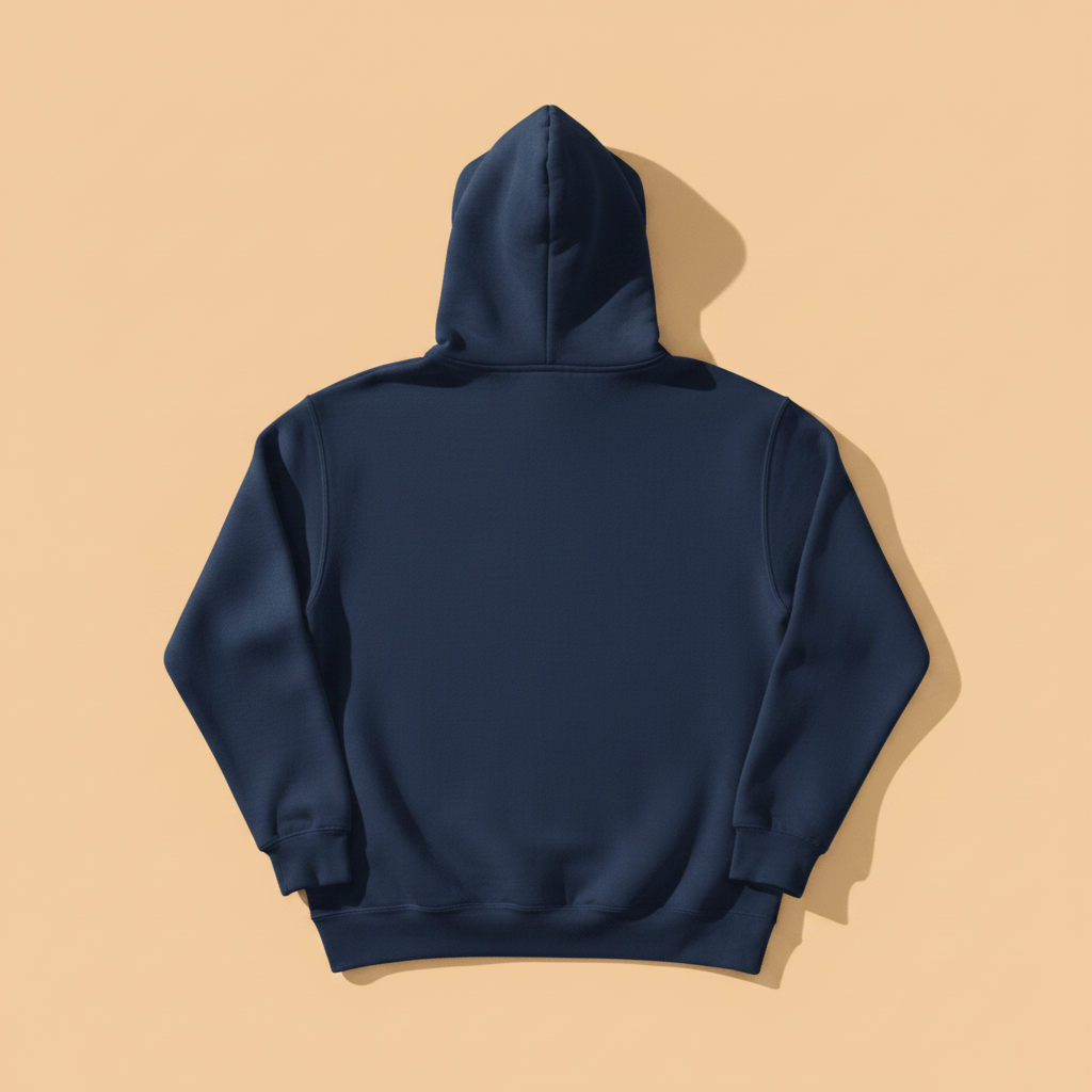 Coastal Lighthouse Hoodie in True Navy — plain back, warm sand studio background