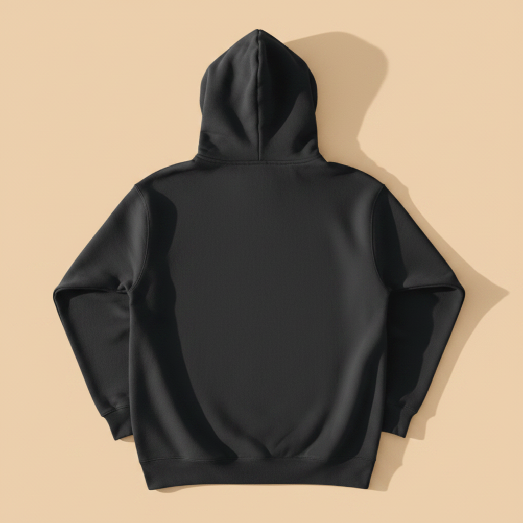 Fish Hoodie in Charcoal — plain back, warm sand studio background