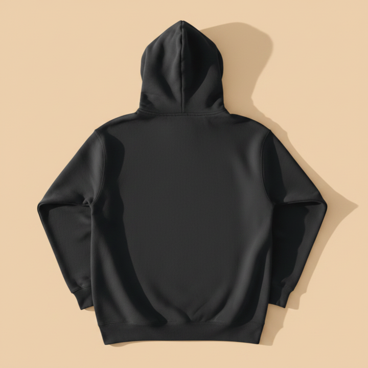 Fish Hoodie in Charcoal — plain back, warm sand studio background