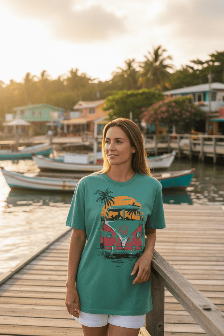 Female lifestyle - green VW Bus sunset tee, tropical island dock