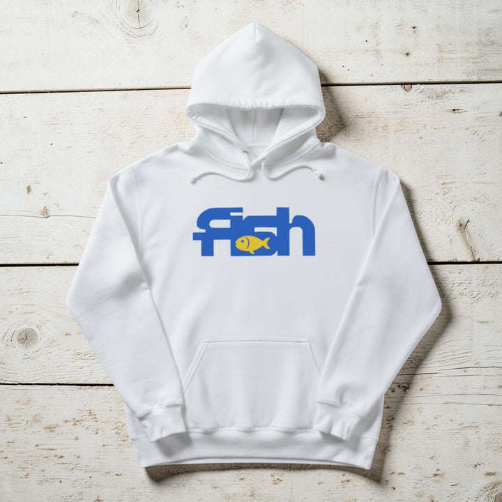 Fish Hoodie in White — front graphic, warm sand studio background