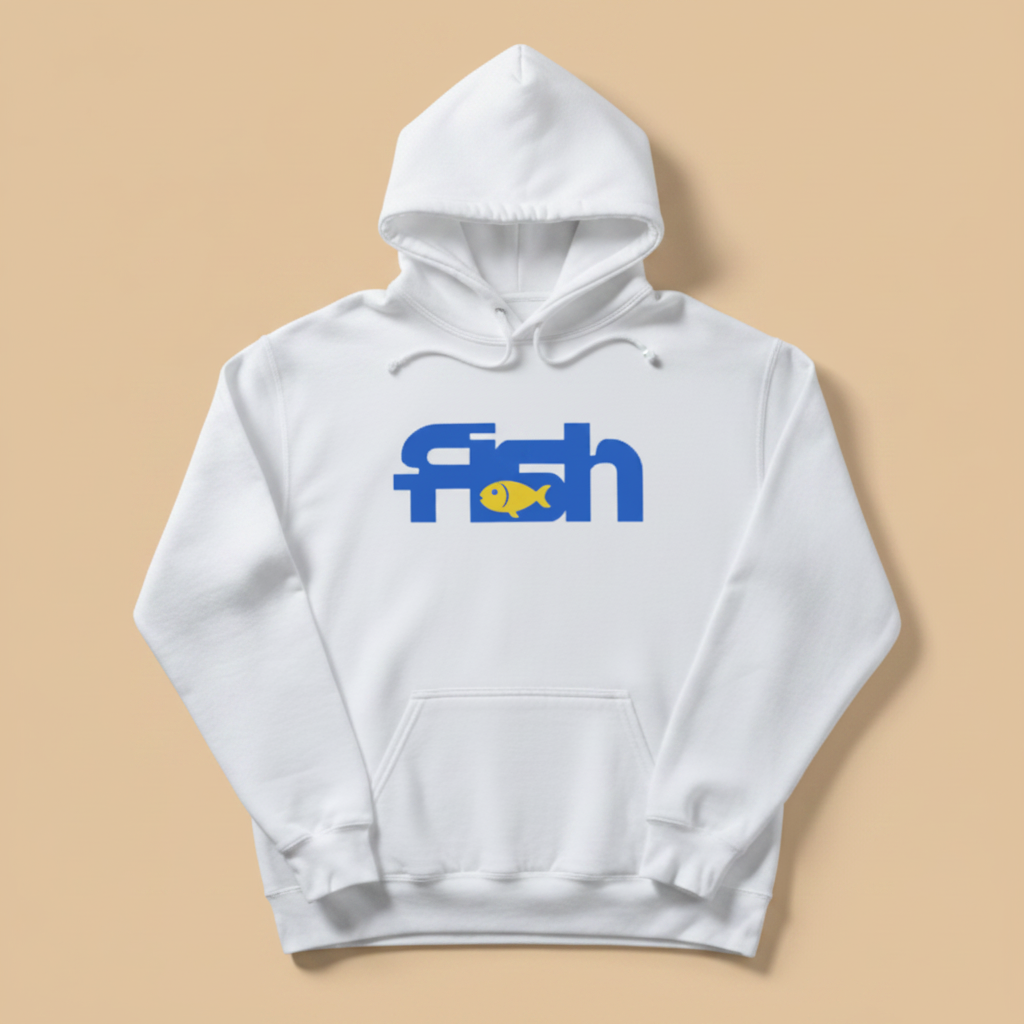 Fish Hoodie in White — front graphic, warm sand studio background