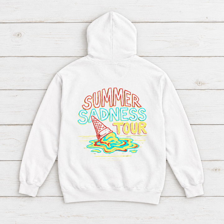 White Summer Sadness Tour hoodie back flat lay on whitewashed boards