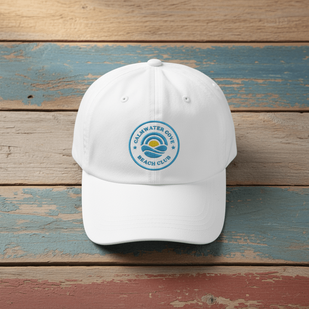 Saltwater Cove Beach Club Embroidered Cap white on faded driftwood planks