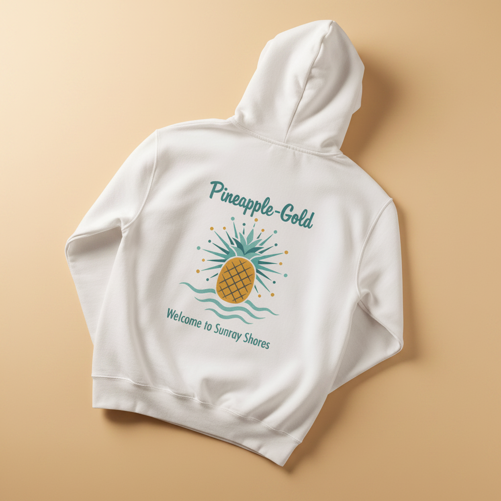 Pineapple-Gold Hoodie in White — flat lay on warm sand studio background