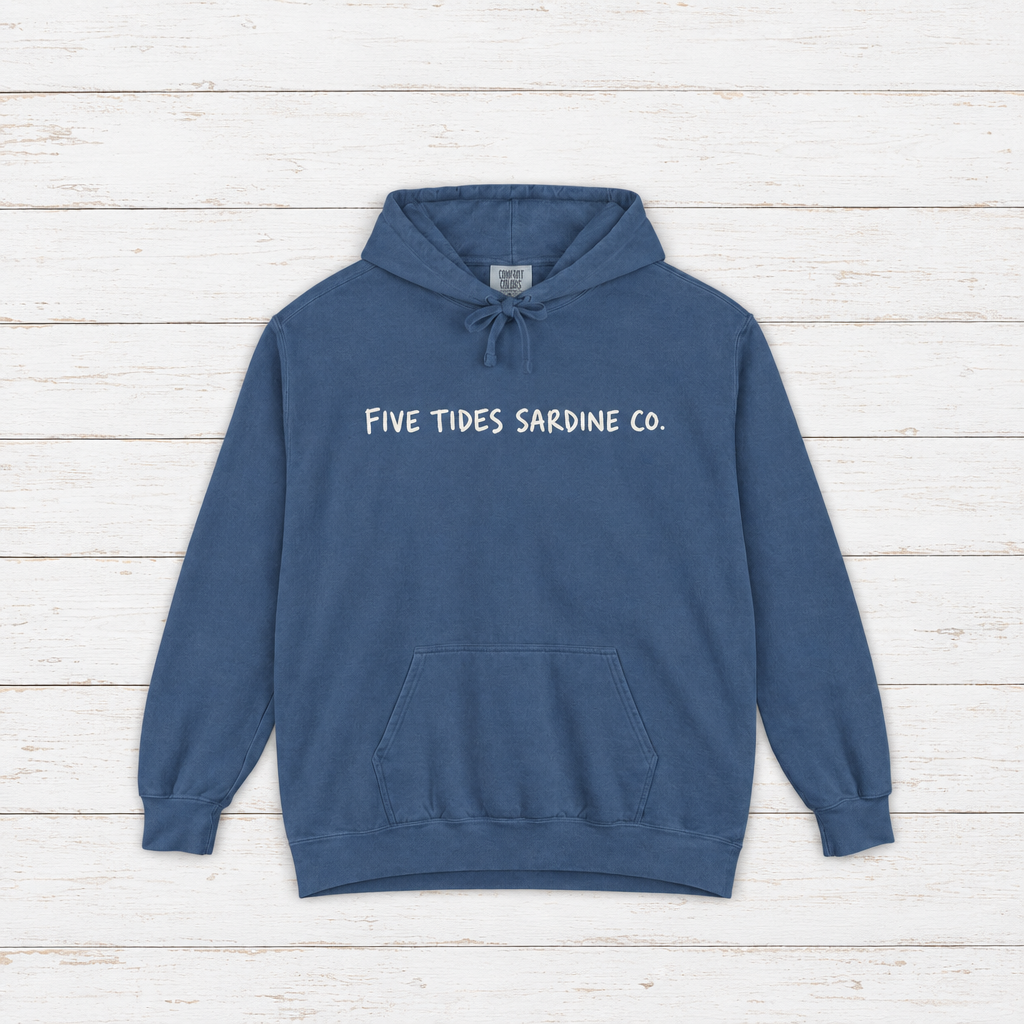 Five Tides Sardine Co. hoodie flat lay on whitewashed boards
